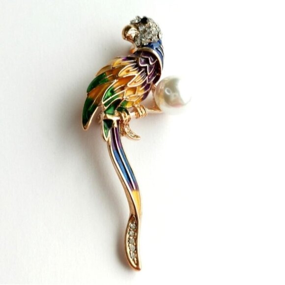 BIRD Parrot brooch pin enamel crystal pearl 🆕 - Picture 4 of 7